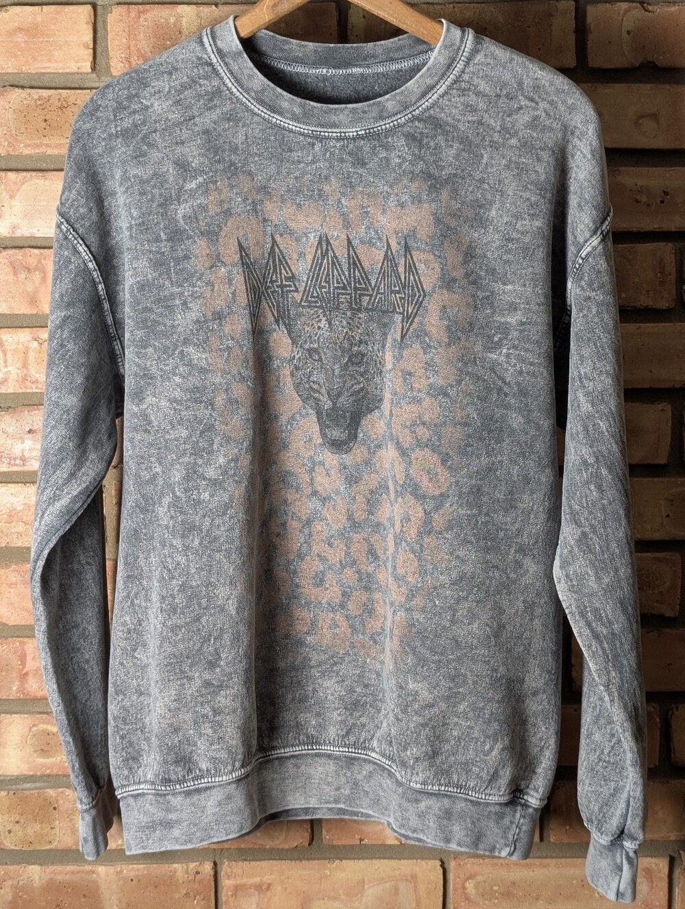 Def Leppard Gray Acid-Wash Crewneck Sweatshirt with Subtle Tan Leopard Print